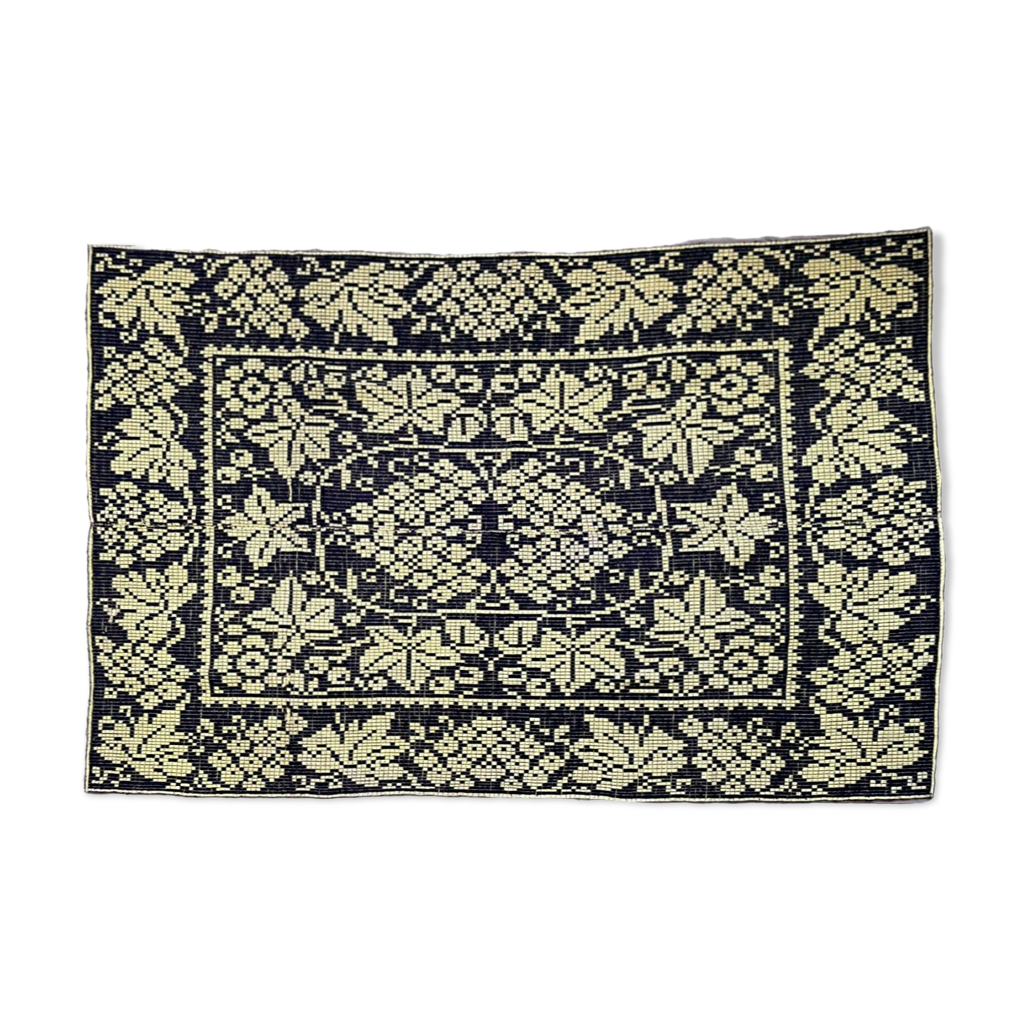 Romanian floral rug handwoven in wool, yellow and black background