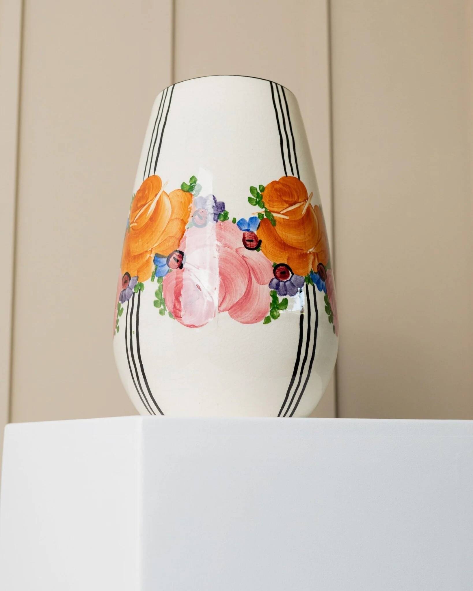 Cream Ceramic Vase by Zeh Scherzer - Hand-Painted Bulbous Mid-Century Floral Stripe, 1970s