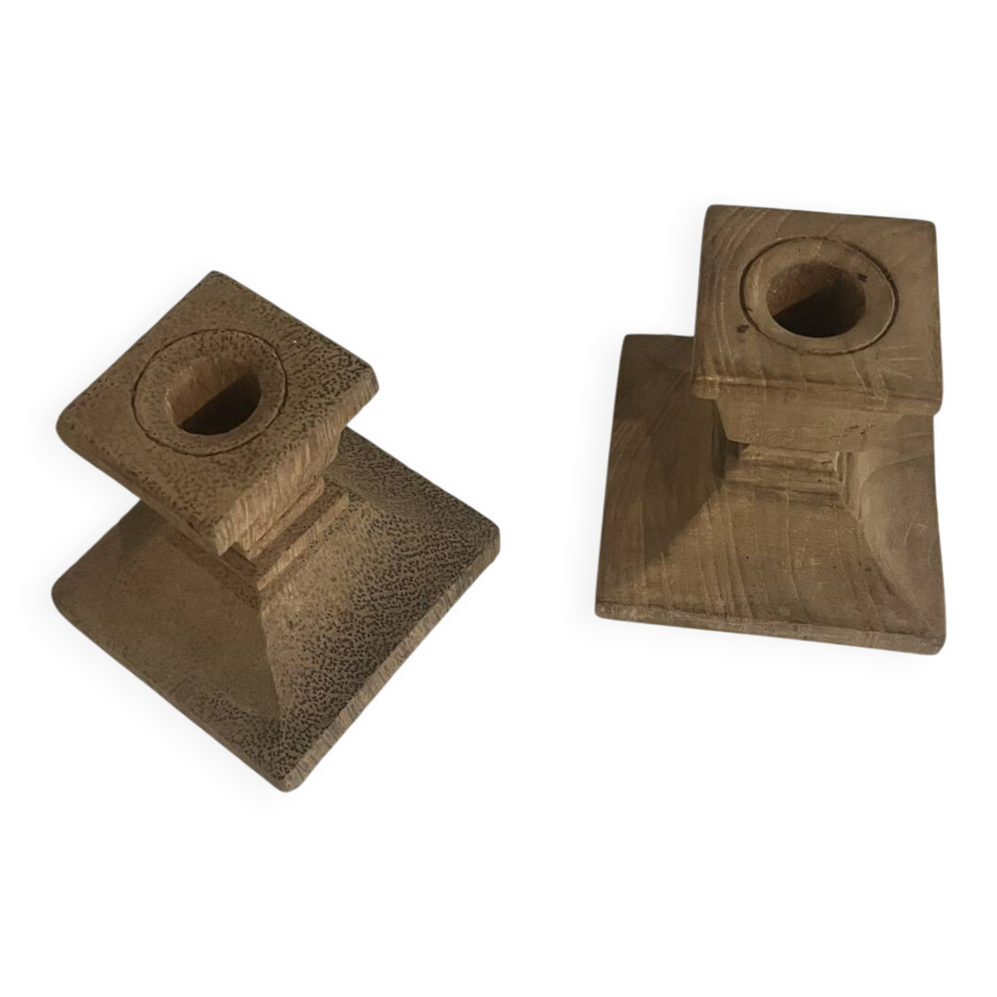 Pair of square teak candle holders — Scandinavian / natural style