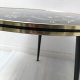 Table basse tripode plateau miroir et décor 1960