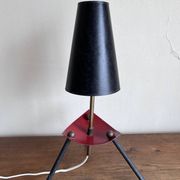 1950s modernist tripod lamp made of sheet metal and brass.
