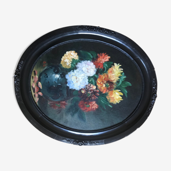 Bouquet flowers oil on panel frame Napoleon III