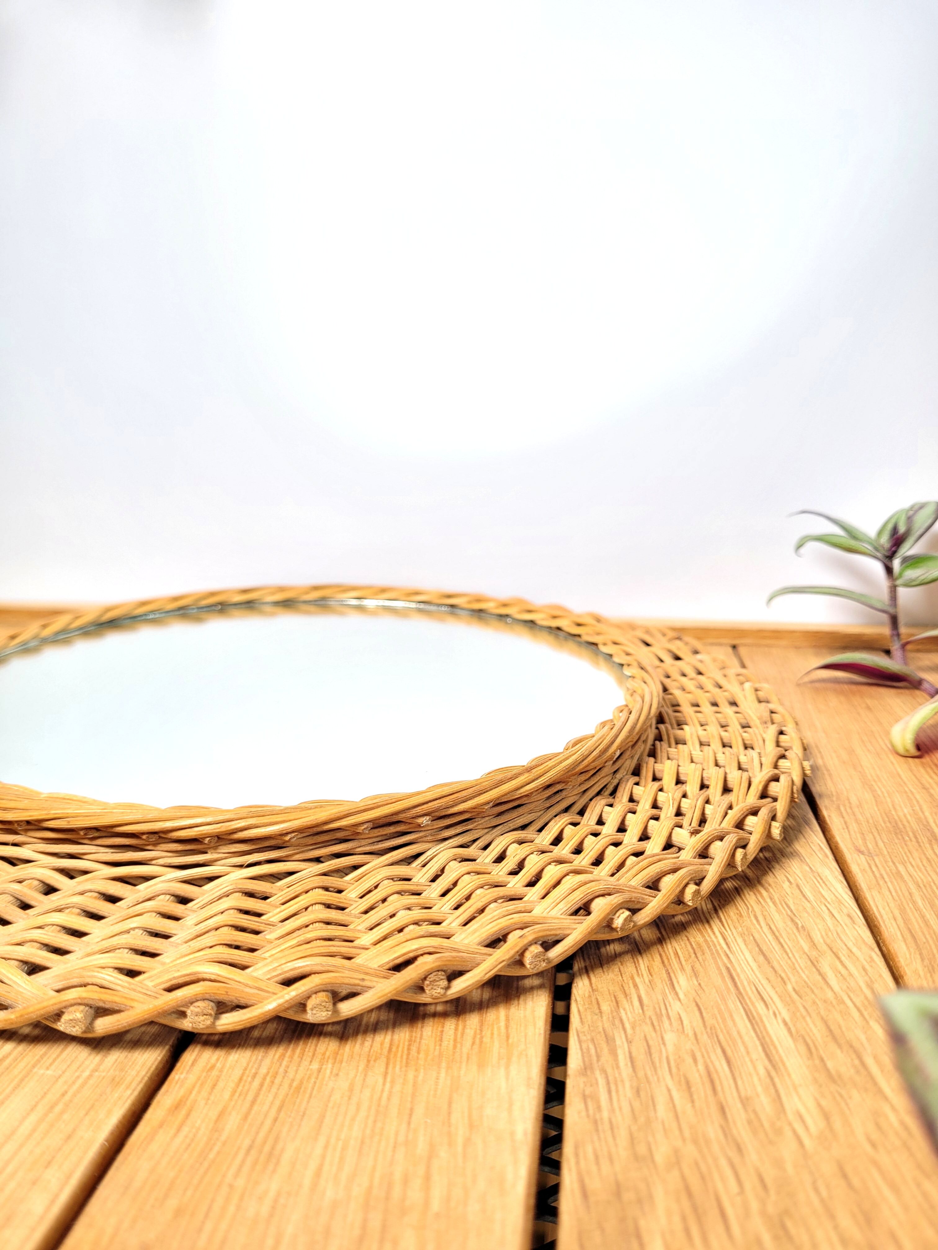 Round mirror 30cm wicker 1960