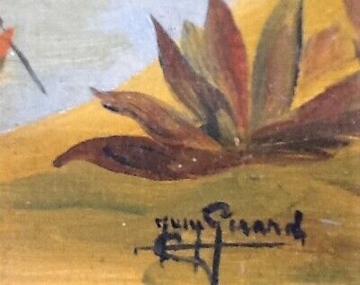 Oil table on panel 1940s Scene Cow boy on horseback, oasis...