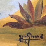 Oil table on panel 1940s Scene Cow boy on horseback, oasis...