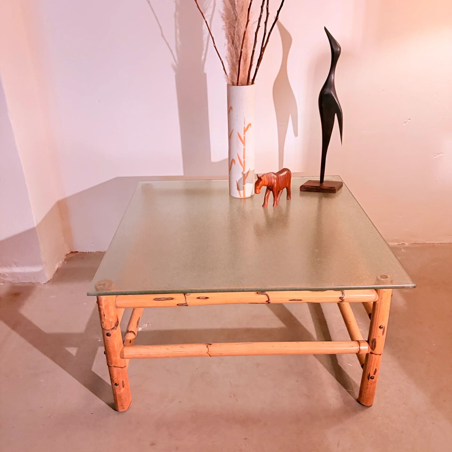 Vintage bamboo coffee table with glass top, 1970s, Brazil