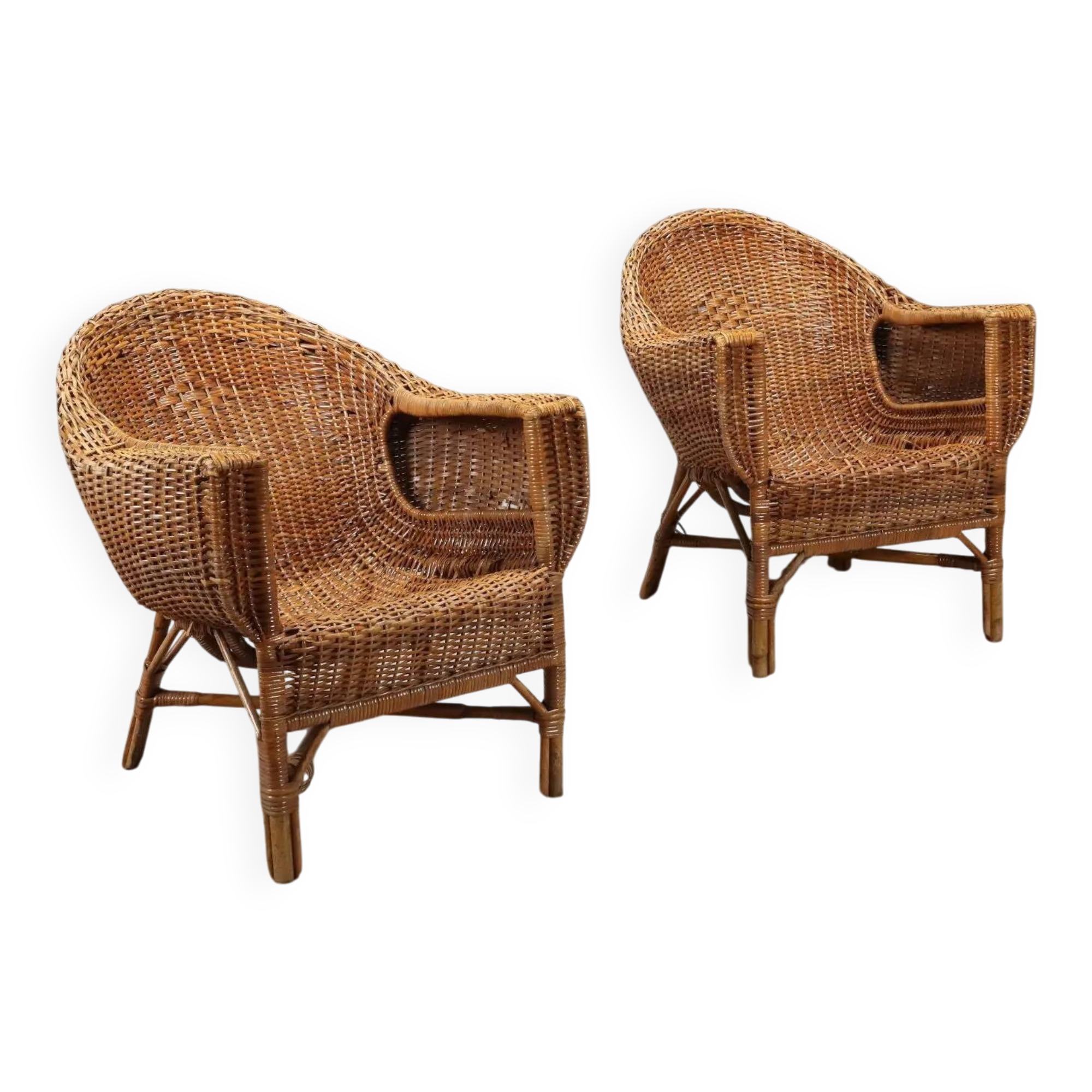 Vintage bamboo and wicker armchairs, Italy, 1950s-1960s.