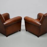 Pair of French Cognac Moustache Back Leather Club Chairs, 1940s