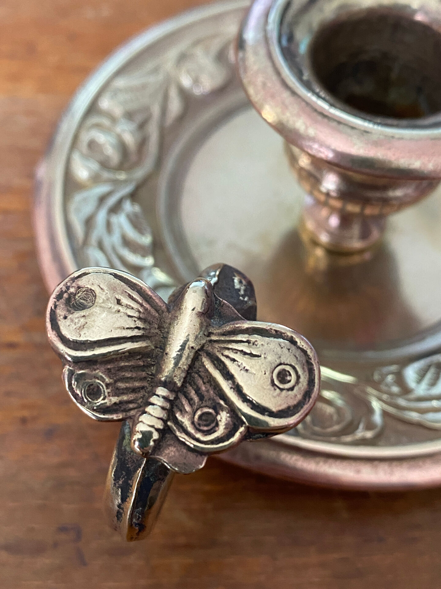 Hand candle holder, butterfly decoration, solid brass