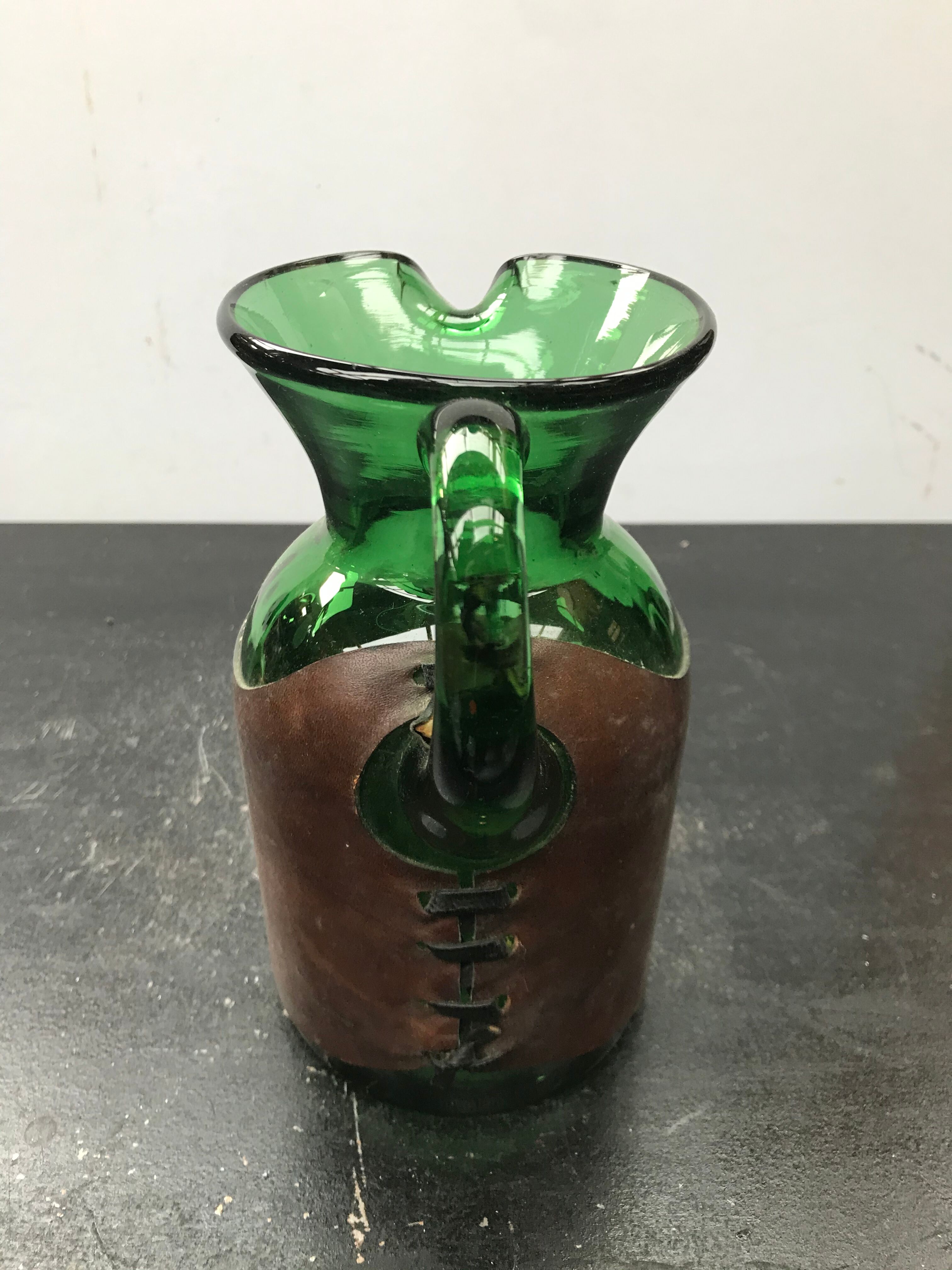 Former Carafe Pitcher Green Blown Glass - Leather - Vintage Kitchen