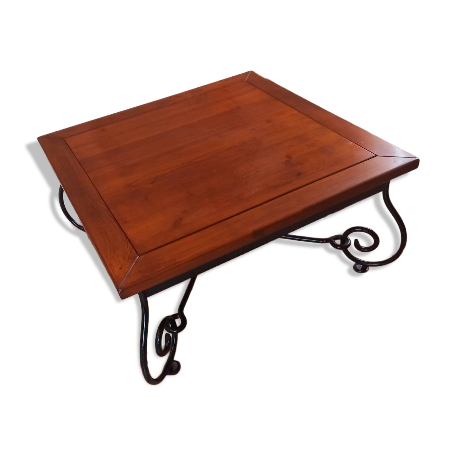 Coffee table in cherry wood with a wrought iron base.