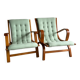 Ensemble de 2 fauteuils lounge vintage vert menthe rembourrés avec cadres en bois couleur miel