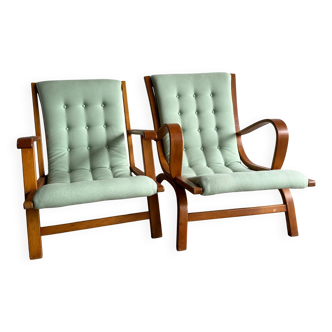 Set of 2 Vintage Mint Green Upholstered Lounge Chairs with Honey Wood Frames