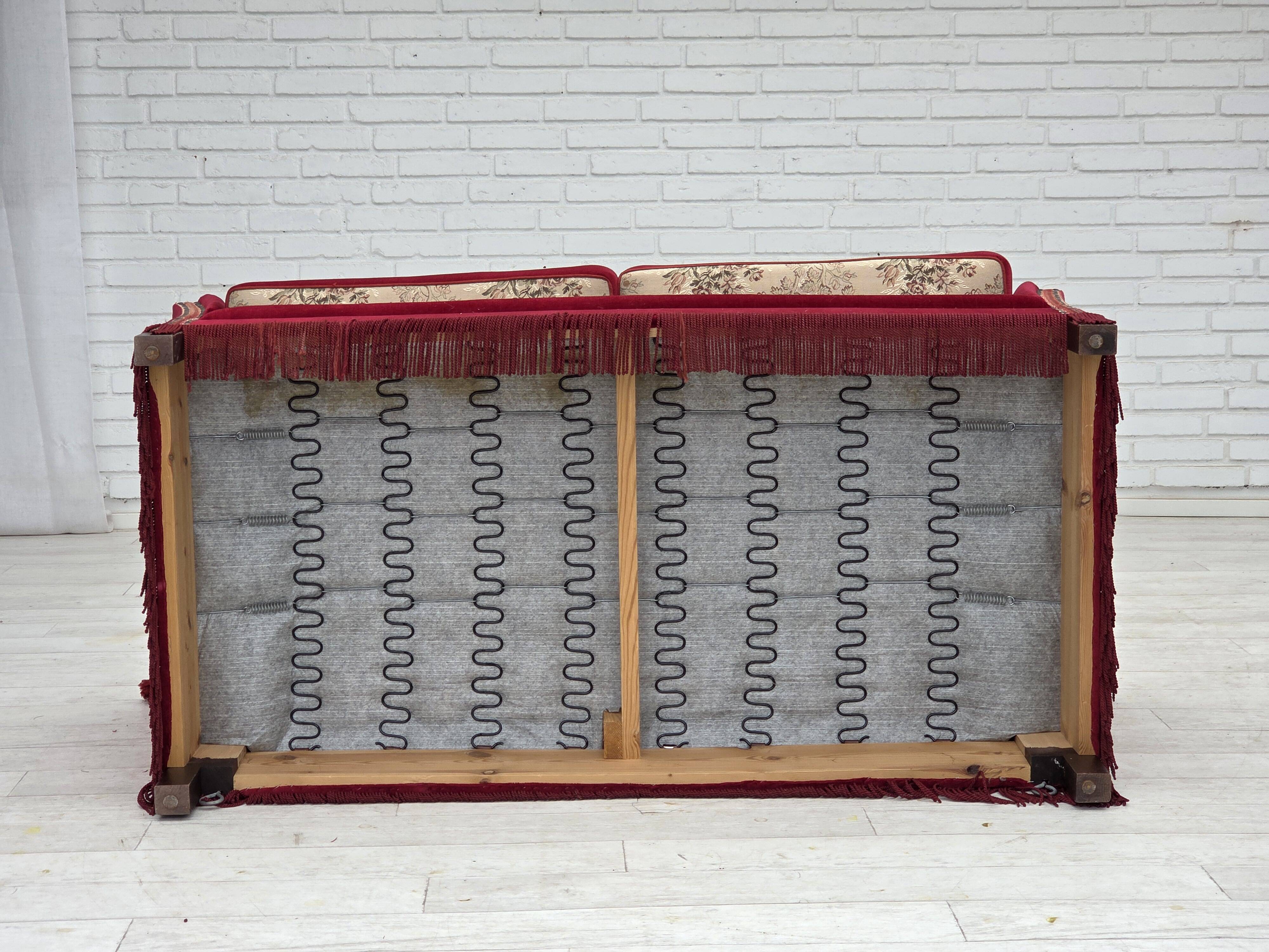 1970s, Danish "Spanish" sofa, furniture velour, ash wood legs.