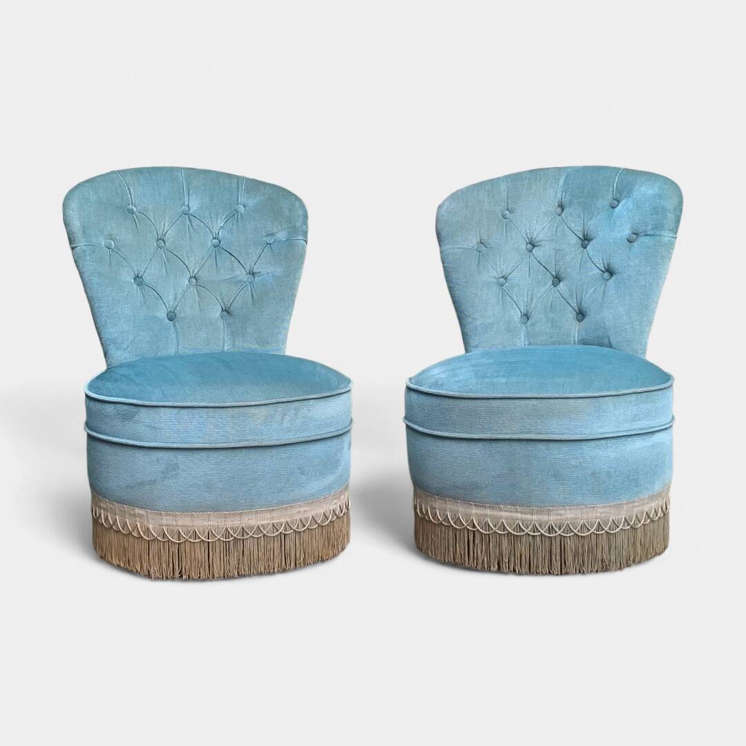 Pair of vintage blue velvet upholstered toad armchairs from the 1970s
