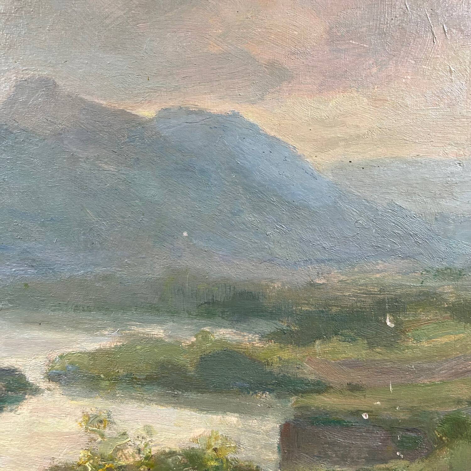 Antique painting of a lake and mountain landscape
