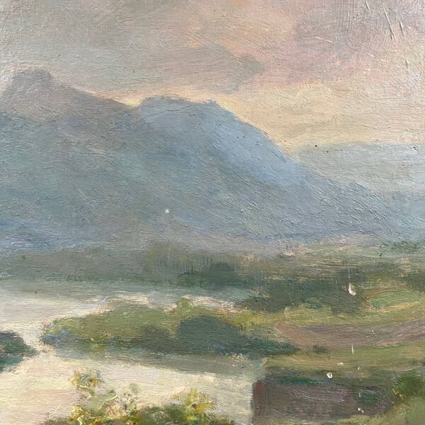 Tableau ancien paysage lac et montagne
