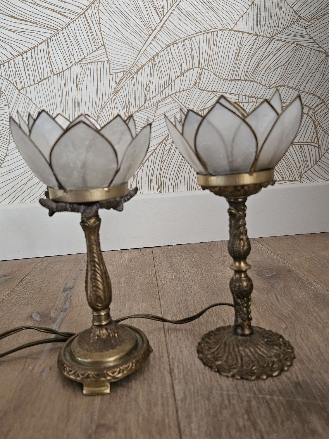 Pair of brass and mother-of-pearl lotus bedside lamps