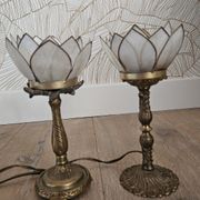 Pair of brass and mother-of-pearl lotus bedside lamps