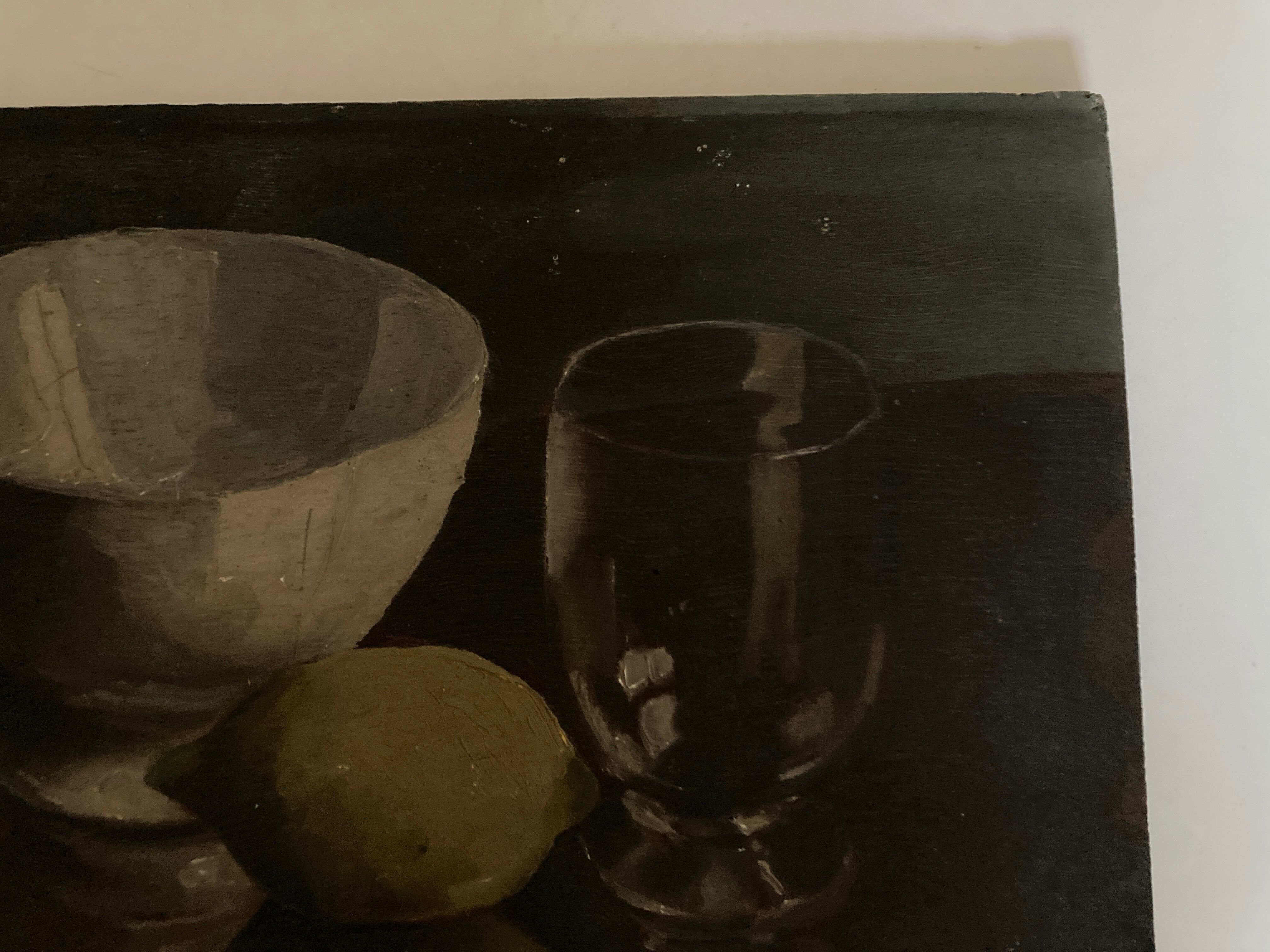 Huile sur bois nature morte au bol au verre et au citron clair obscur 1960