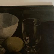 Oil on wood still life with glass bowl and lemon chiaroscuro 1960