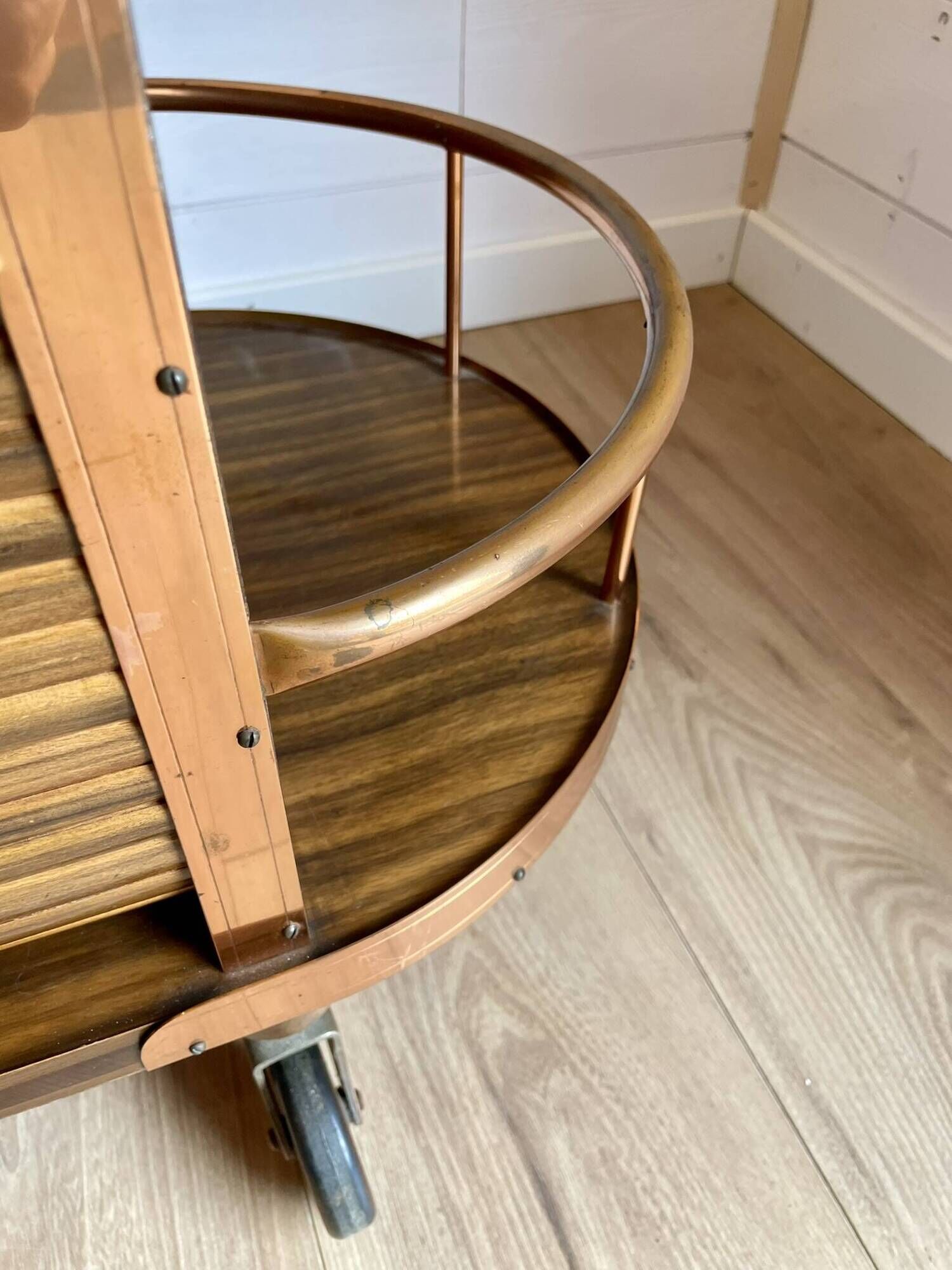 Bar cart / Vintage Art Deco service trolley – Wood and copper