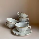 Set of 6 white Luneville porcelain coffee cups and saucer with gold rim