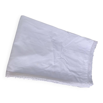 Large pillowcase, white cotton, lined with lace and monogrammed, closed with mother-of-pearl buttons