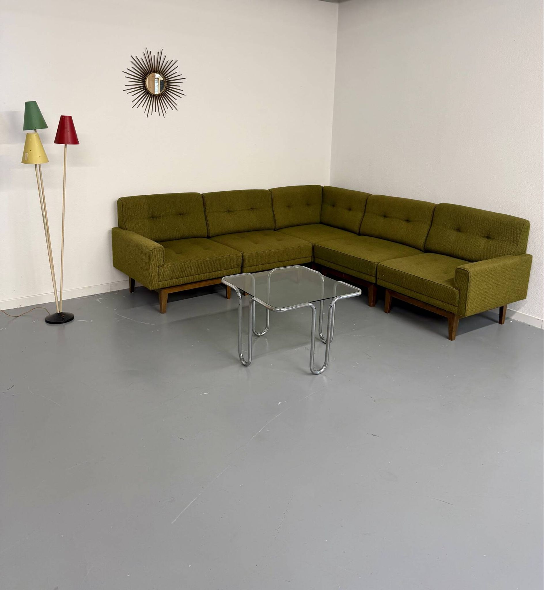 Vintage modular Scandinavian design green fabric corner sofa 1960s
