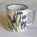 Set of 4 stoneware cups/mugs with blue floral designs, made in China.