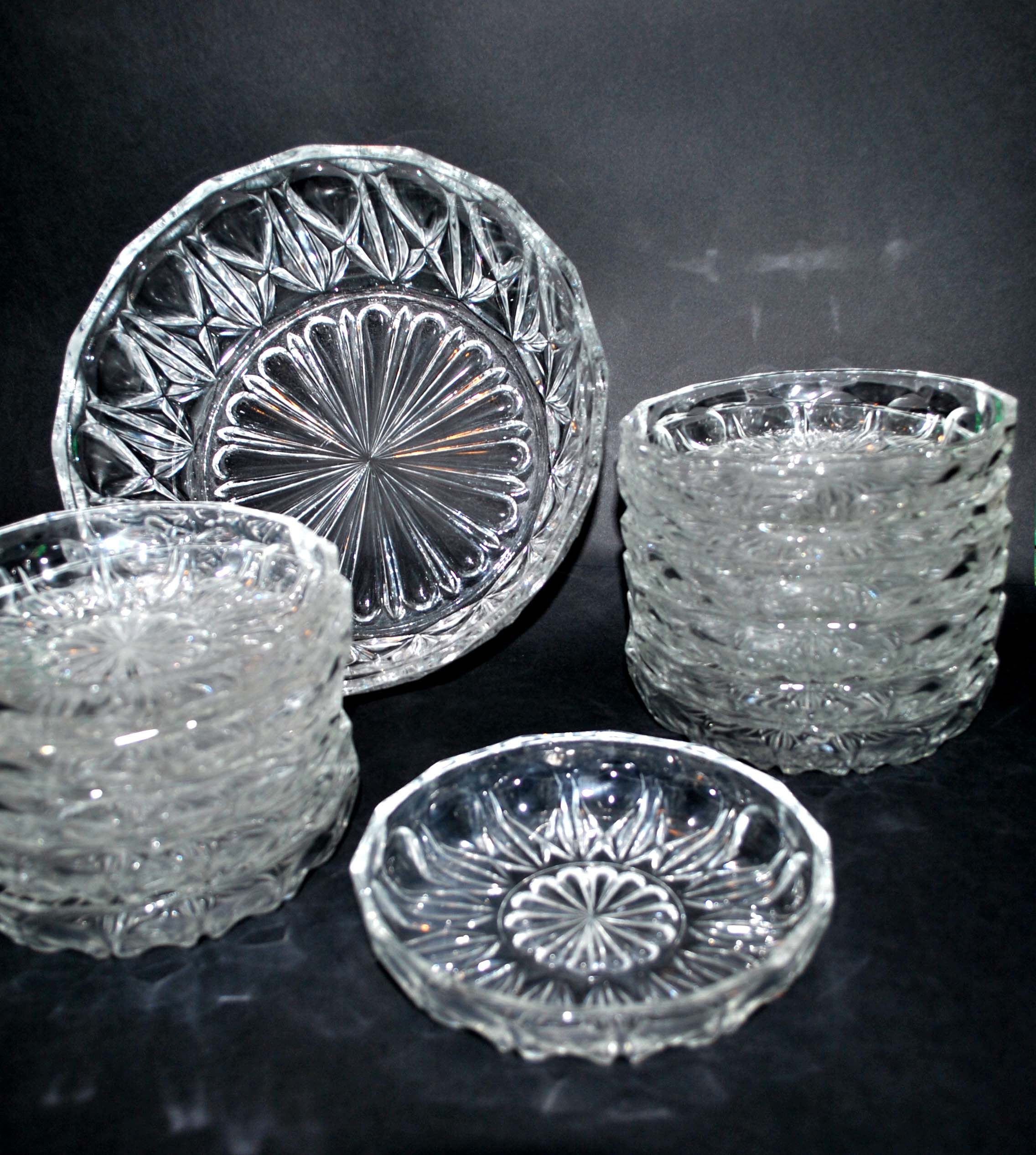 Vintage dessert set - salad bowl and 12 cups in retro pressed-molded glass 1950