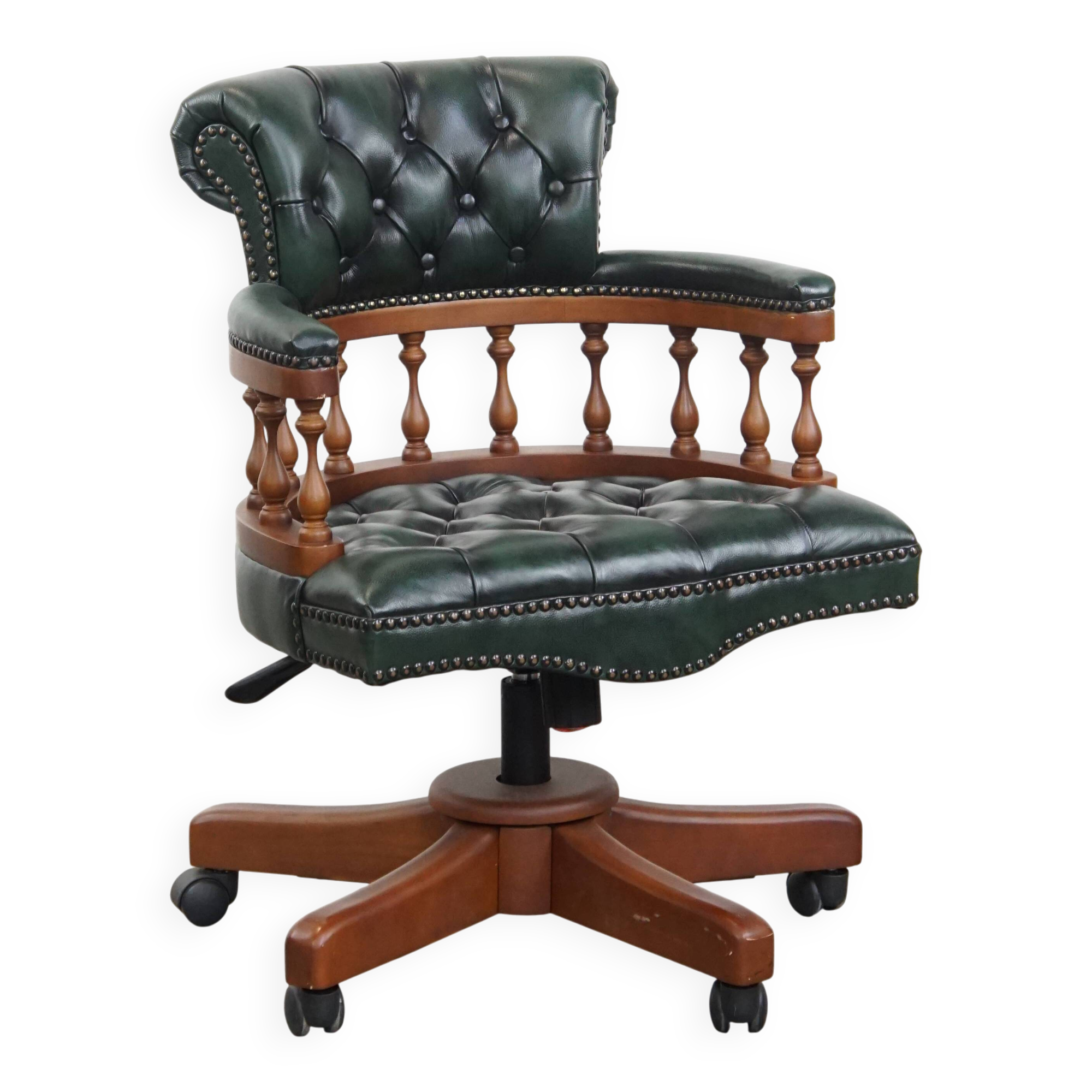 Dark green chesterfield office chair in cowhide leather on wheels