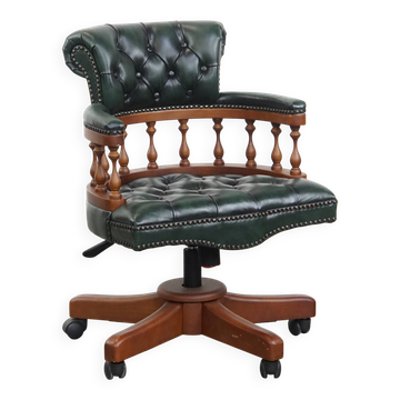 Chaise de bureau Chesterfield vert foncé en cuir de vachette sur roulettes