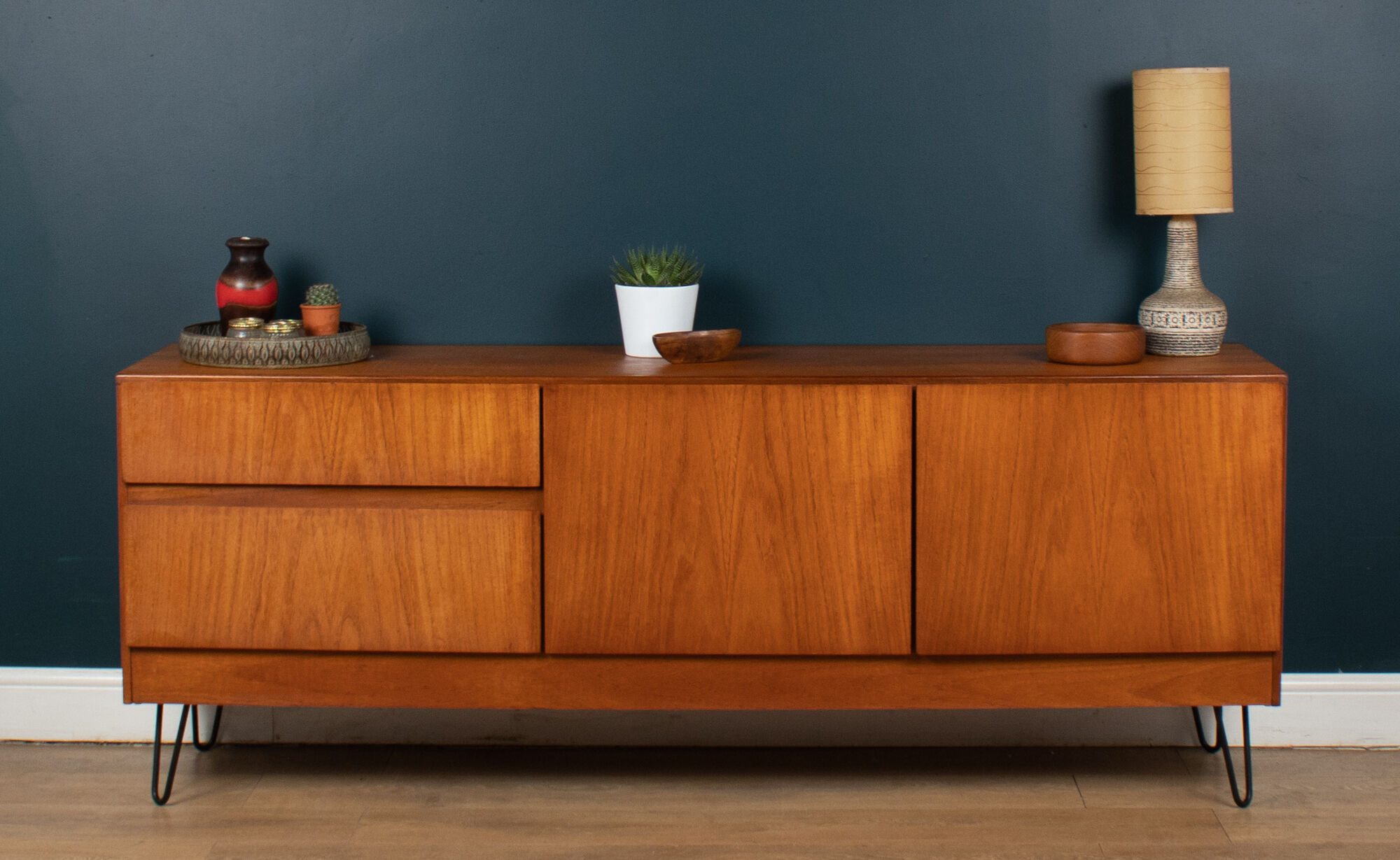 Retro Teak 1960s White & Newton Style S Form Sideboard Cabinet On Hairpin Legs
