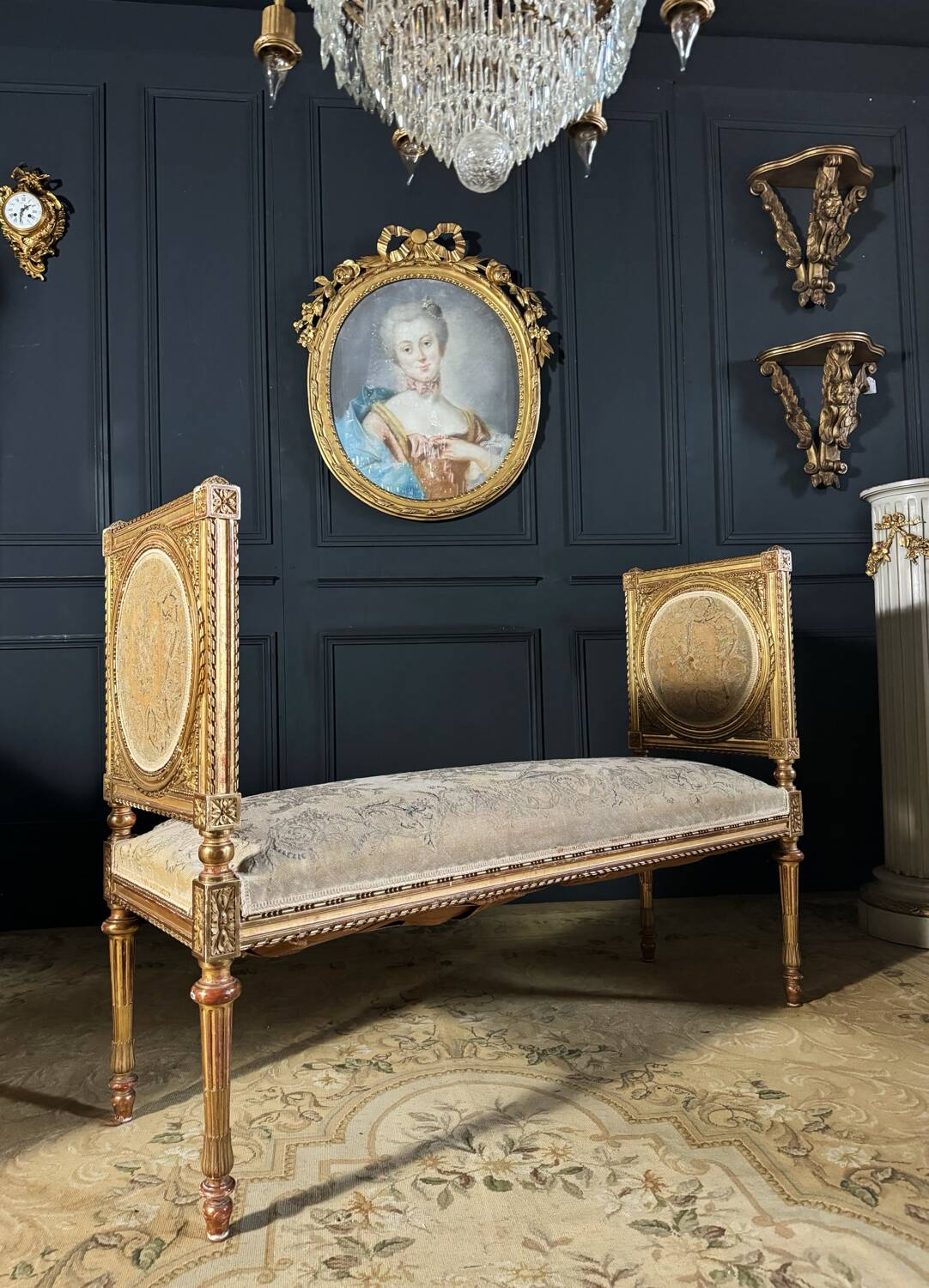 Important Napoleon III Period Bench in Gilded and Carved Wood in Louis XVI Style - 19th Century