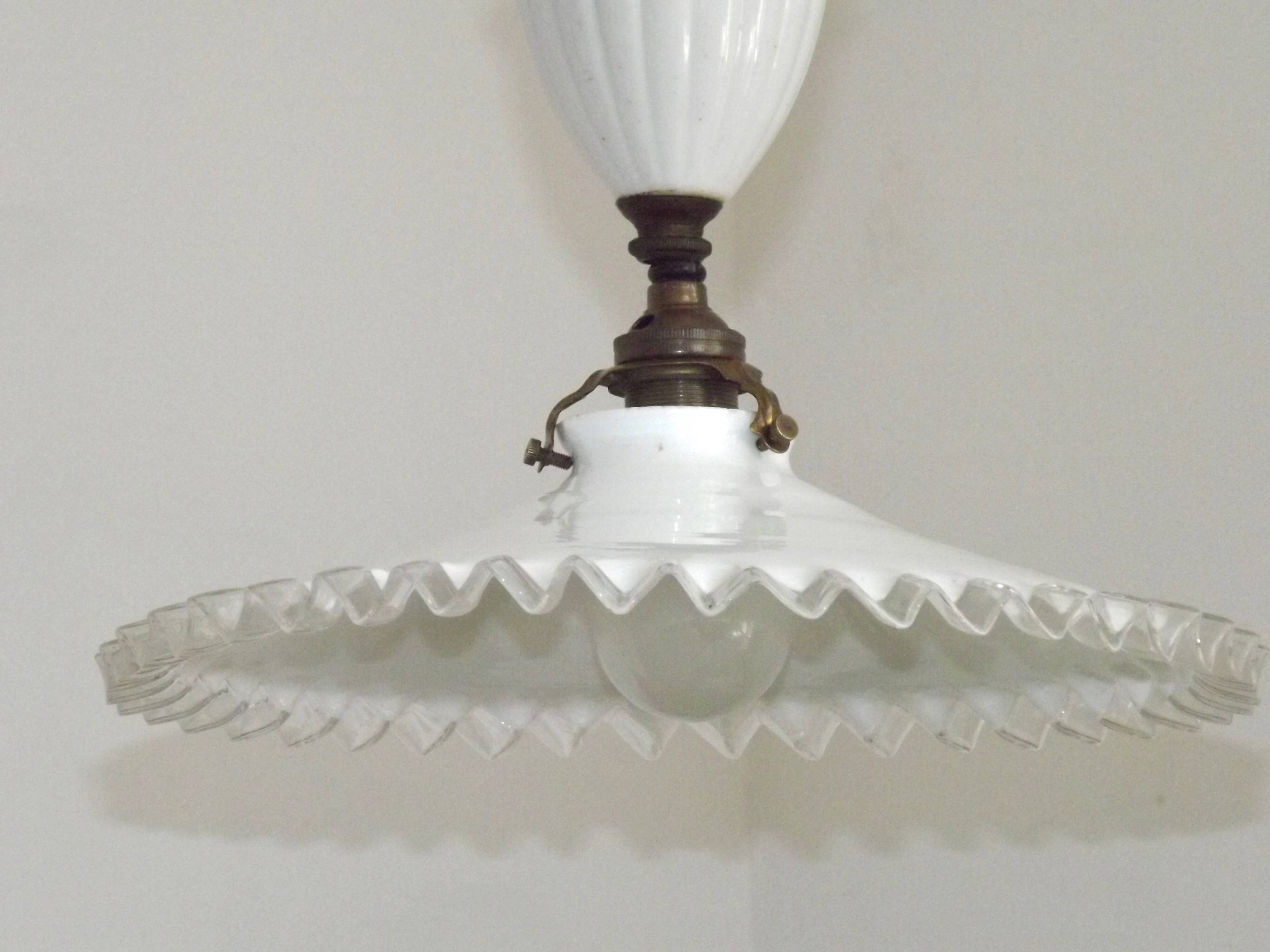 French Counter Balance Ceiling Light White Porcelain & Opaline Glass Shade