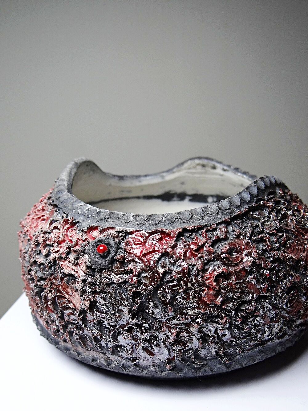 Vintage 2000s red and grey handmade raku jewellery box