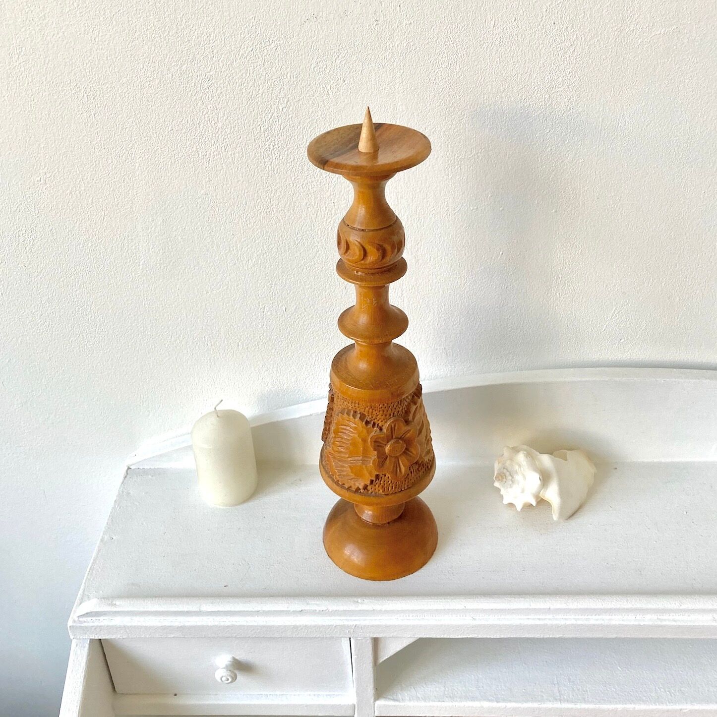 Carved wooden candle holder