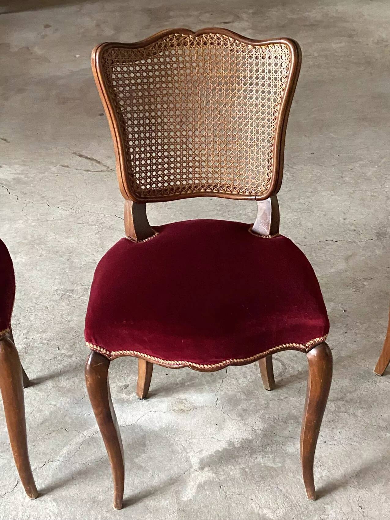 Set of 4 Louis XV style chairs in cherry wood – canework and burgundy velvet