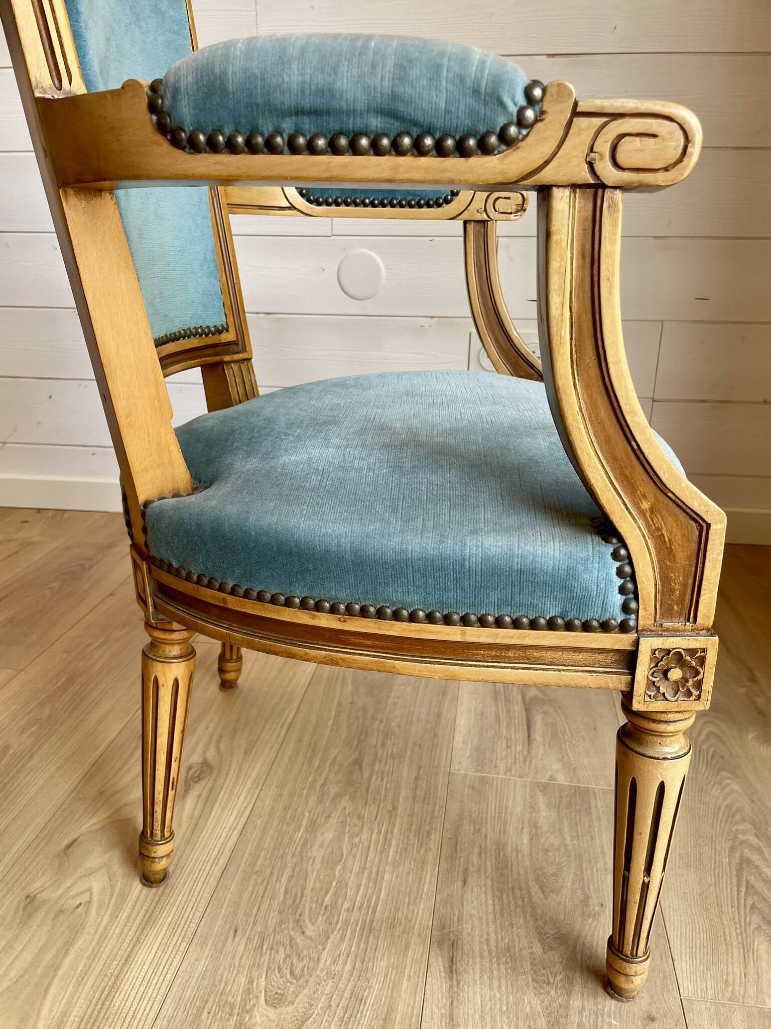 Pair of Louis XVI vintage cabriolet armchairs in duck blue velvet and wood.