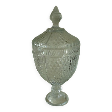 Glass bonbonnière with a lid, footed, decorated with diamond points.