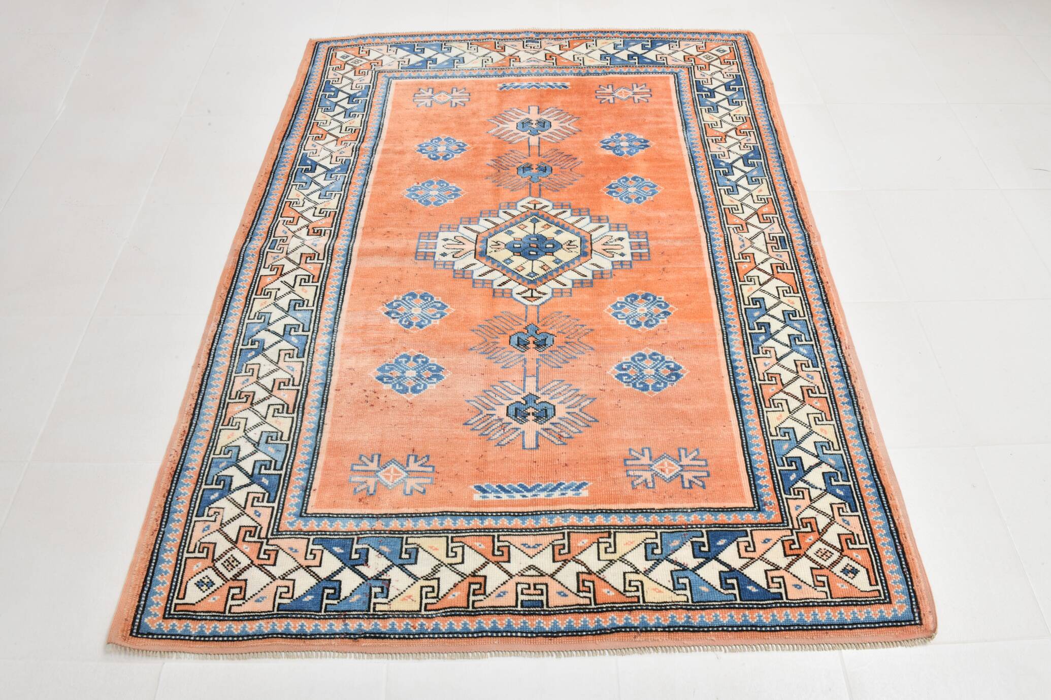 5x7 Pumpink Orange & Blue Turkish Rug, 154x203Cm