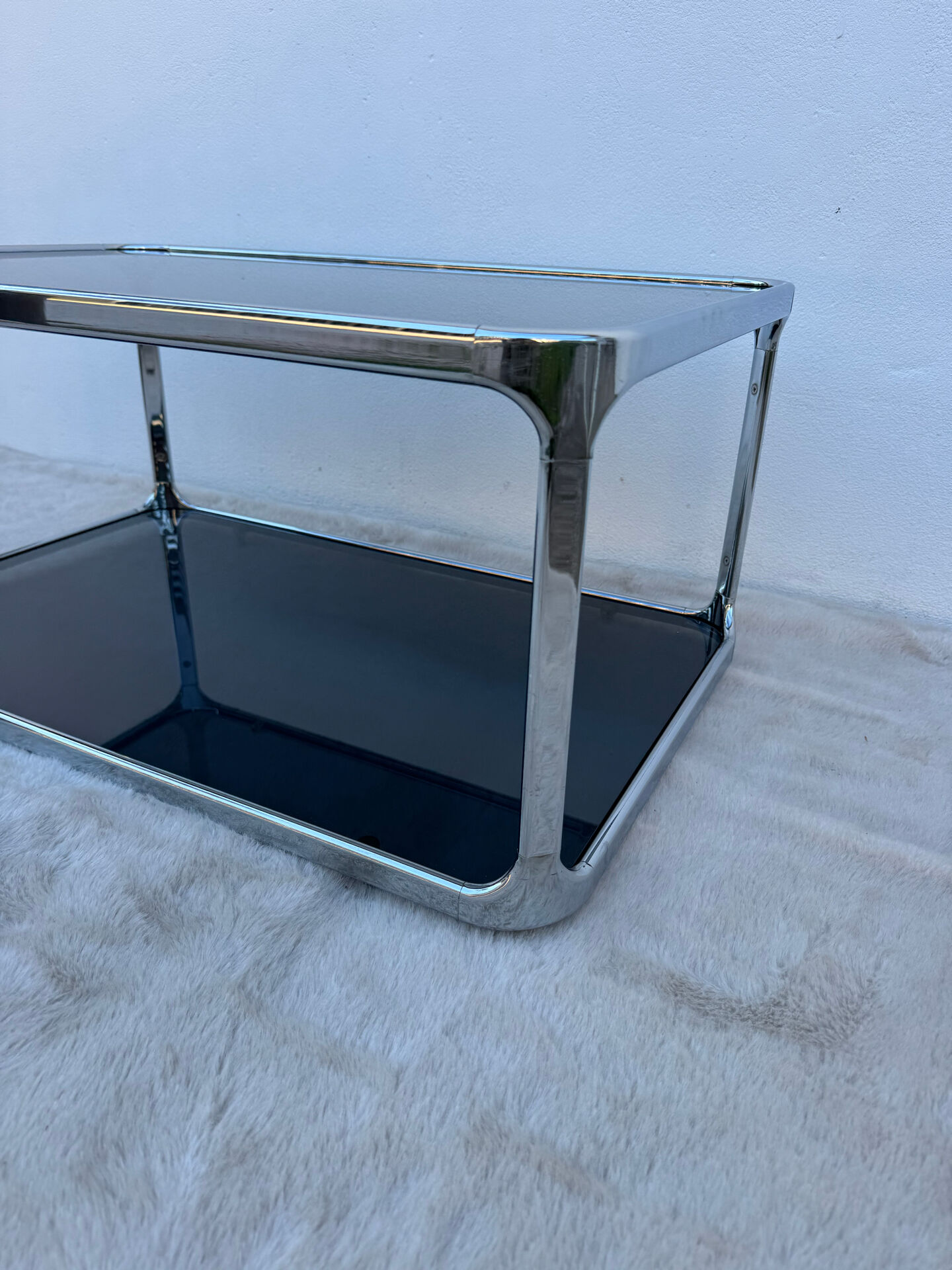 Chrome and smoked glass coffee table from the 1970s.