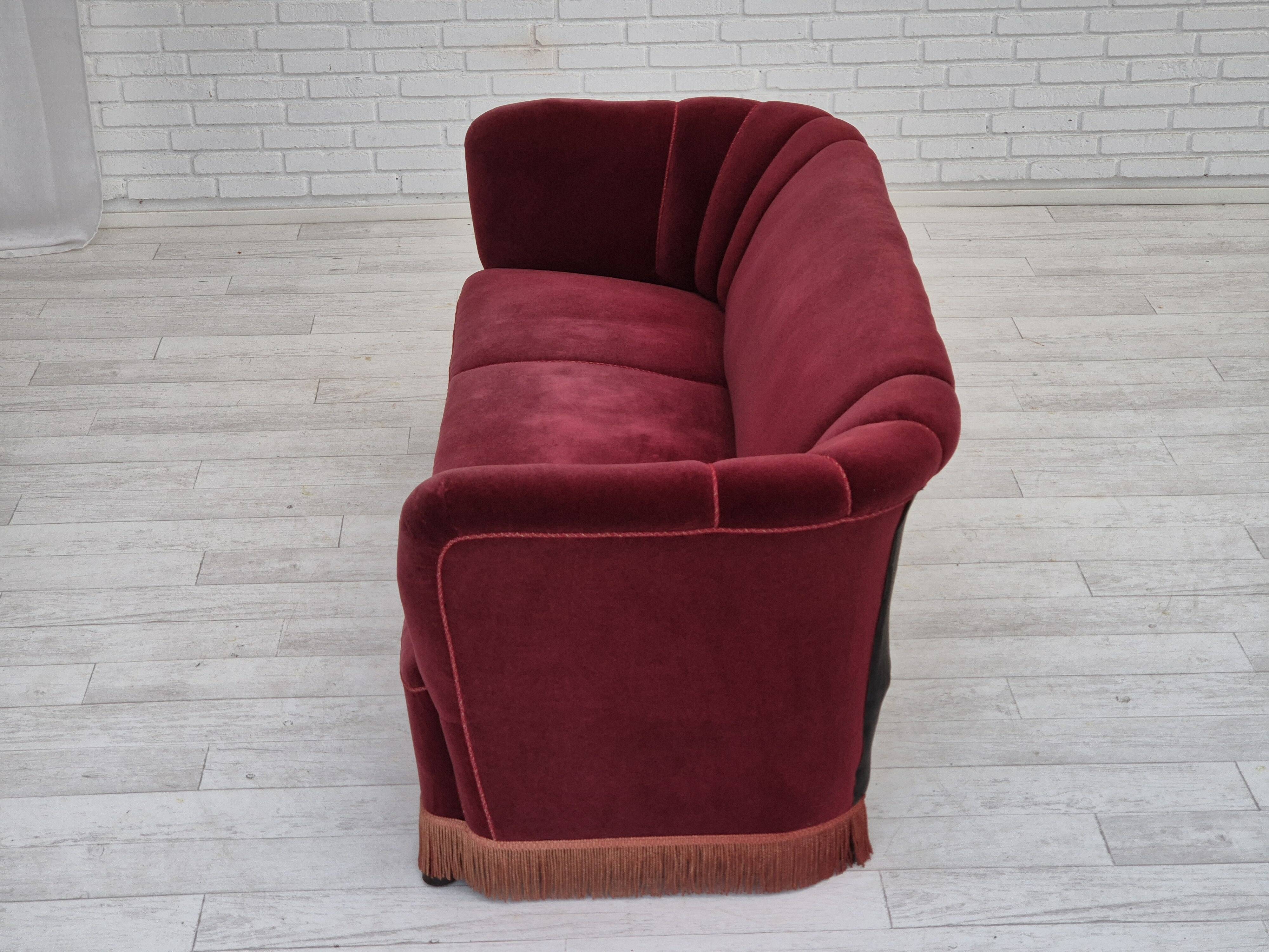 1960s, Danish 3 seater sofa, original condition, cherry-red furniture velour.