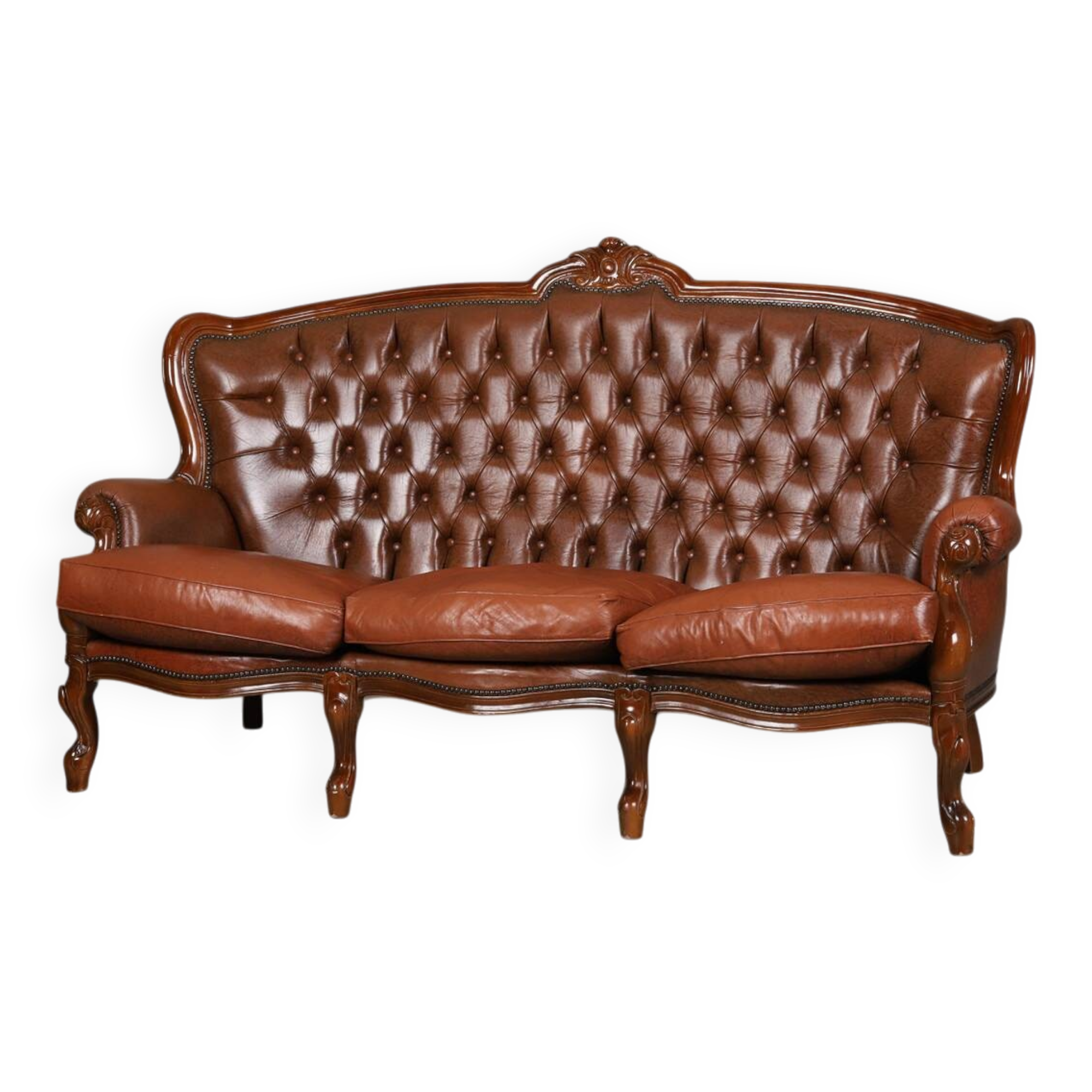 ococo-Style 3-Seater Sofa — Leather & Wood — Classic Curved Salon Silhouett