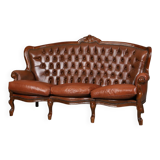 ococo-Style 3-Seater Sofa — Leather & Wood — Classic Curved Salon Silhouett