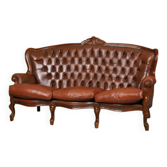 ococo-Style 3-Seater Sofa — Leather & Wood — Classic Curved Salon Silhouett