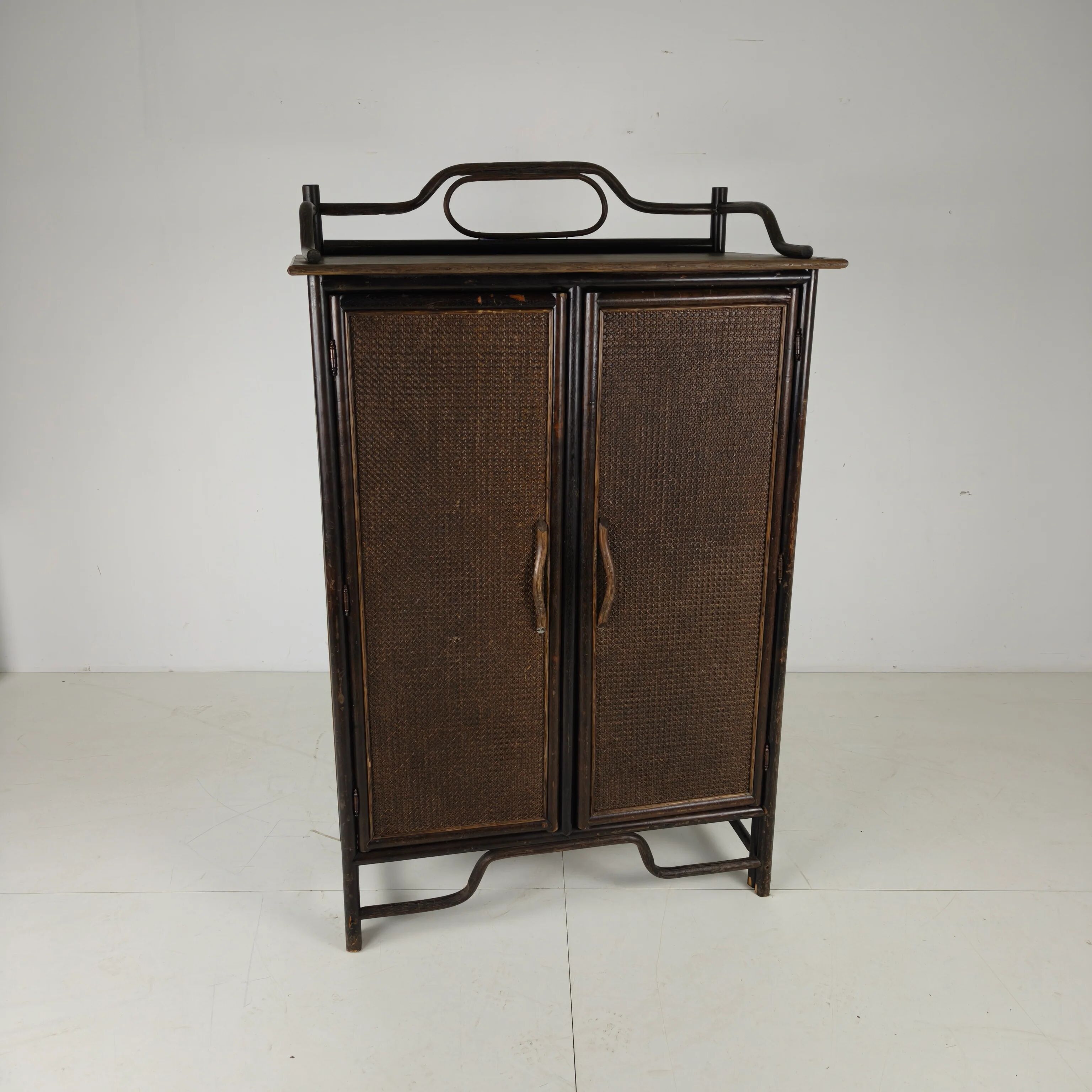Vintage wicker wardrobe / linen cabinet – rattan & bamboo