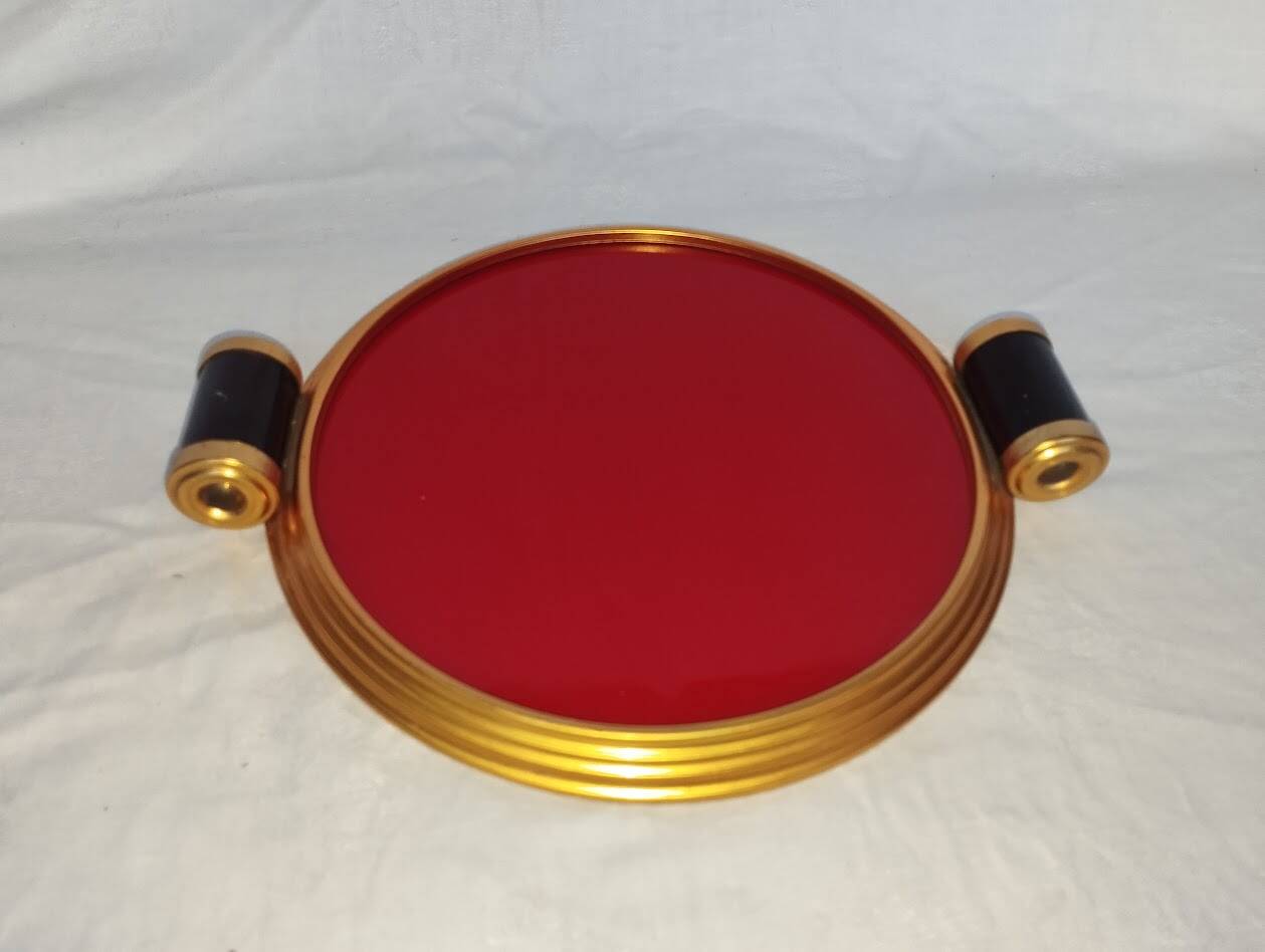 Art Deco plateau in red glass and brass – Bakelite handles, circa 1930