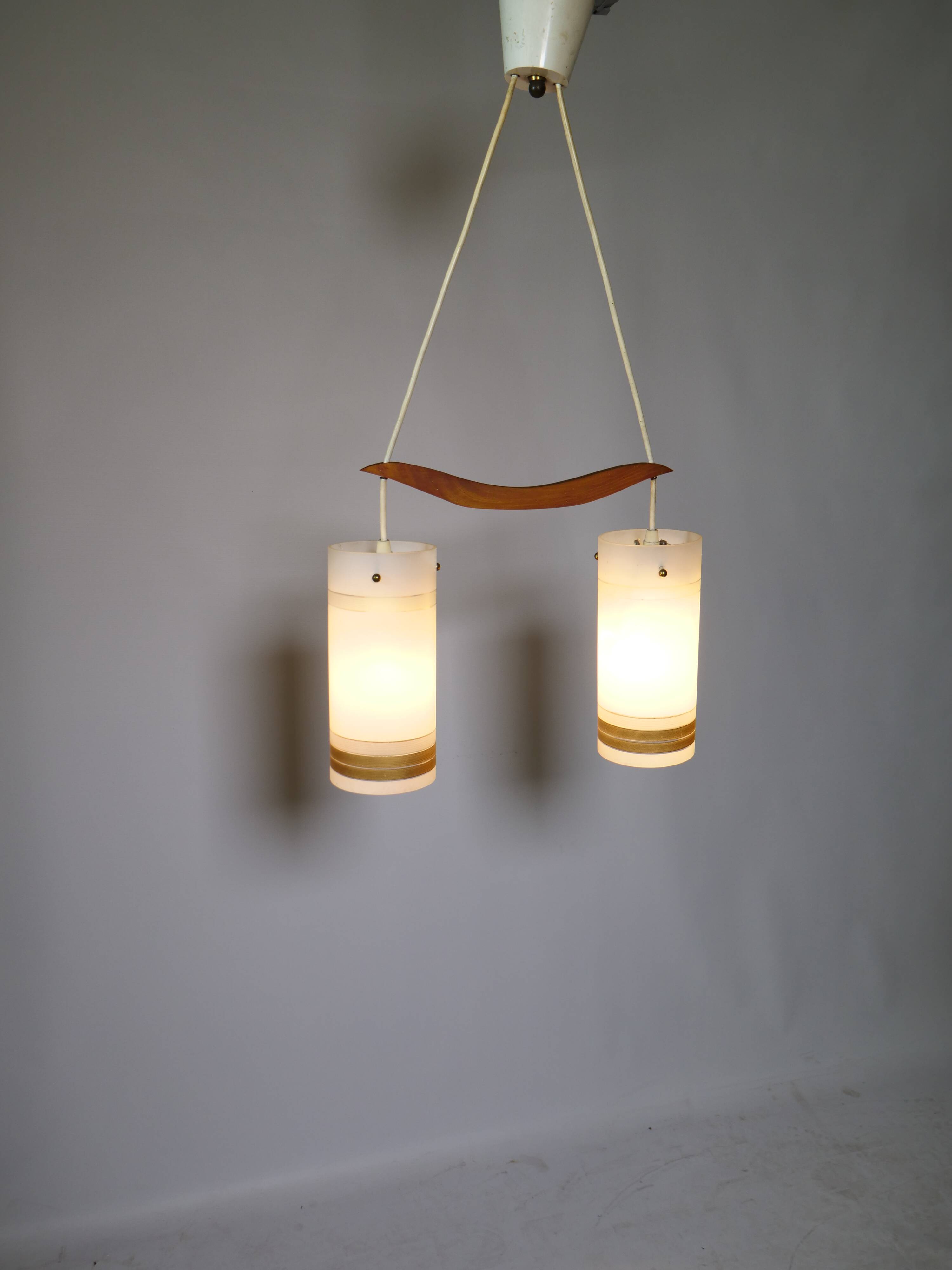Mid-Century Teak and Opaline Glass Pendant Lamp, 1960s
